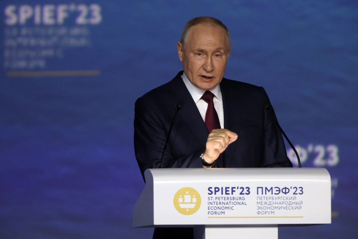 Russian President Vladimir Putin makes a speech at the St. Petersburg International Economic Forum on June 16, 2023 in Saint Petersburg, Russia.