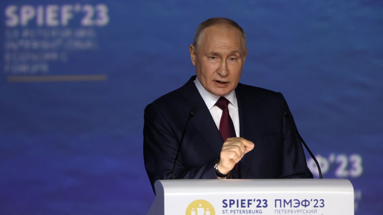 Russian President Vladimir Putin makes a speech at the St. Petersburg International Economic Forum on June 16, 2023 in Saint Petersburg, Russia.