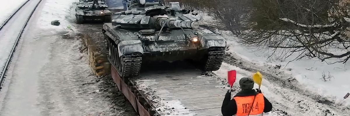 Russian tanks leave a military drill