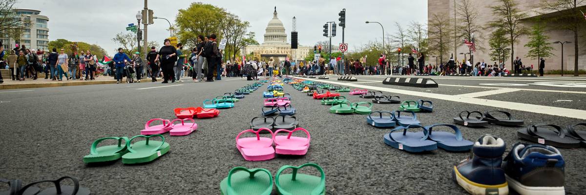 Sandals in D.C. represent children killed in Gaza.