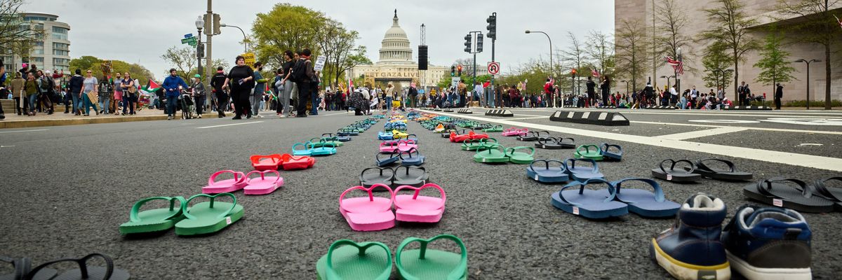 Sandals in D.C. represent children killed in Gaza.