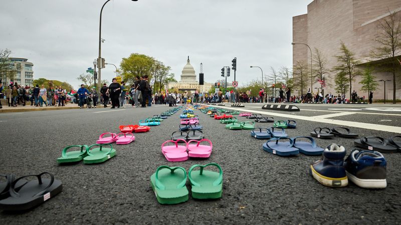 Sandals in D.C. represent children killed in Gaza.