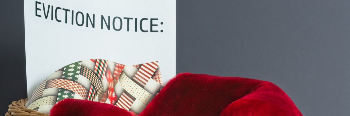 Santa Claus goes broke, a concept image of Santa quitting and overwhelmed by bills and eviction notice