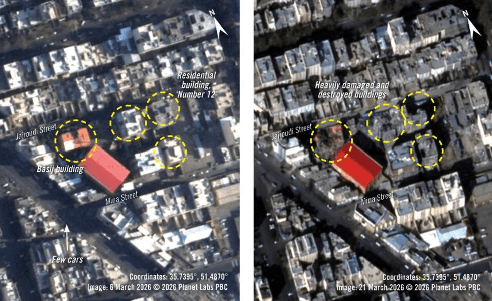 Satellite imagery from March 6, 2026 (left) shows the Basij facility and nearby buildings in the Resalat neighborhood