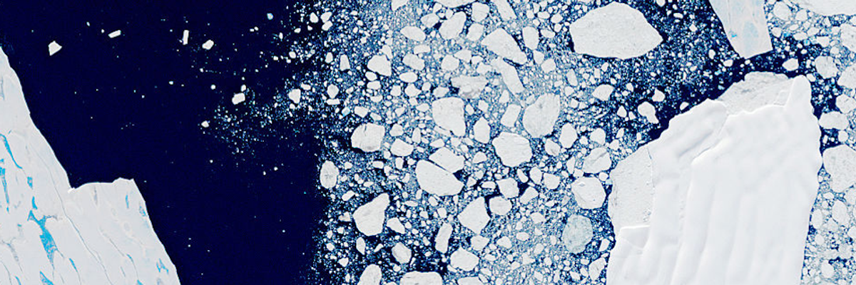 Satellite imagery shows the Larsen B Ice Shelf in Antarctica on February 21, 2000. The ice shelf's collapse in 2002 was hastened by fossil fuel-driven global warming.