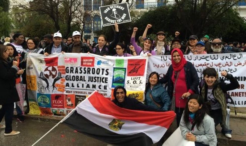 Scene from Tuesday's march through Tunis. (Photo courtesy of Jaron Browne/Grassroots Global Justice Alliance)