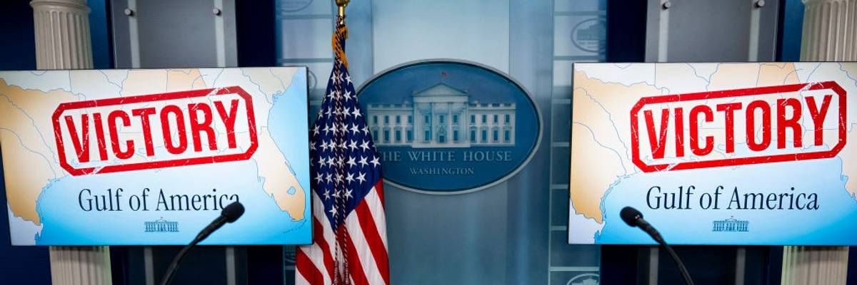 Screens reading "Victory" and "Gulf of America" in the White House press briefing room