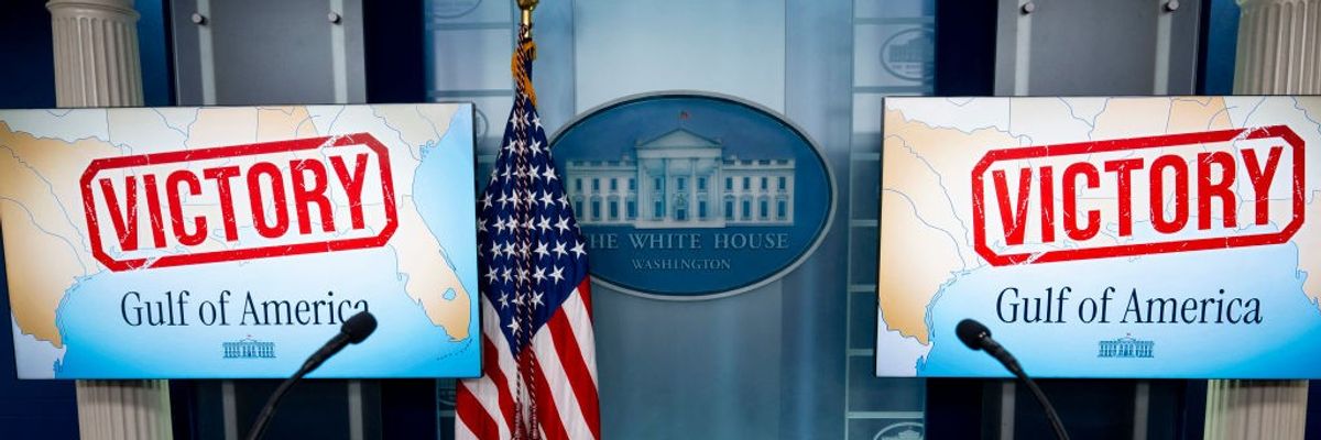Screens reading "Victory" and "Gulf of America" in the White House press briefing room