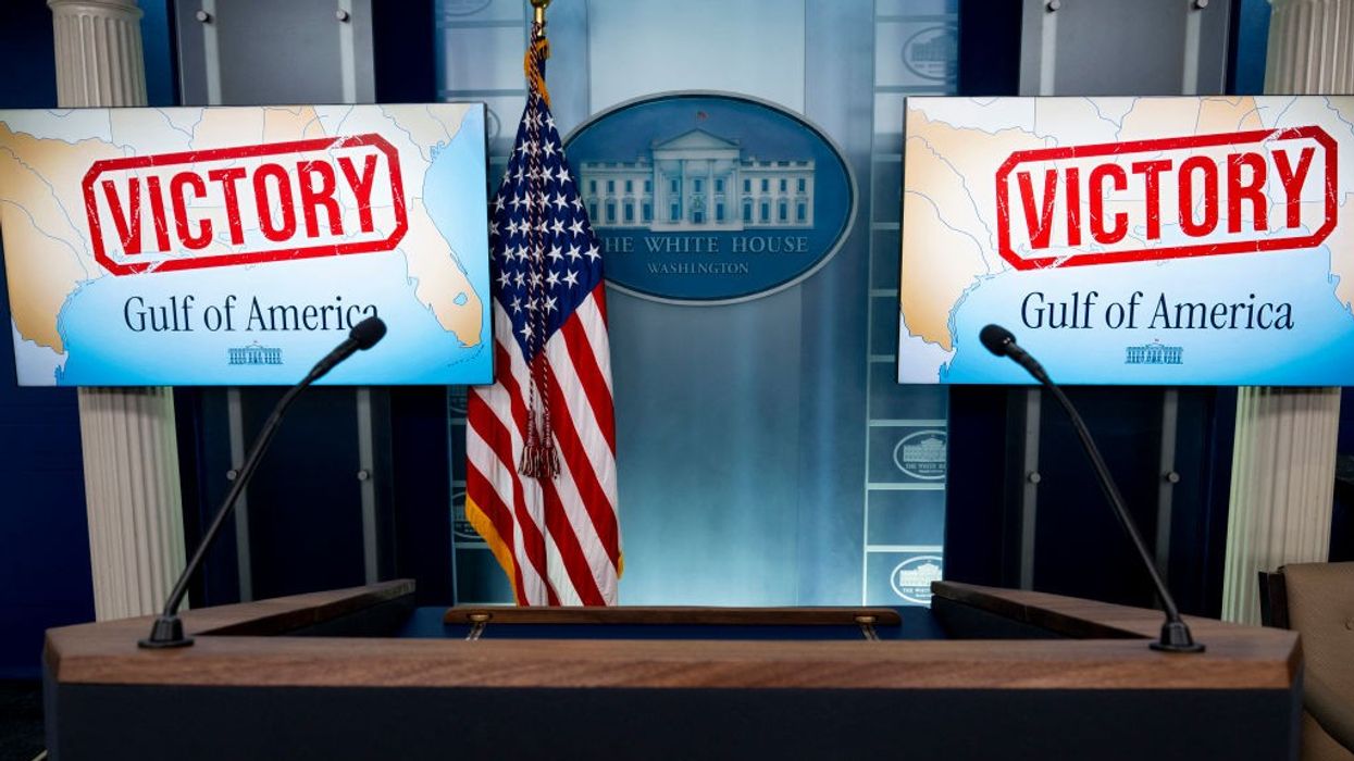 Screens reading "Victory" and "Gulf of America" in the White House press briefing room