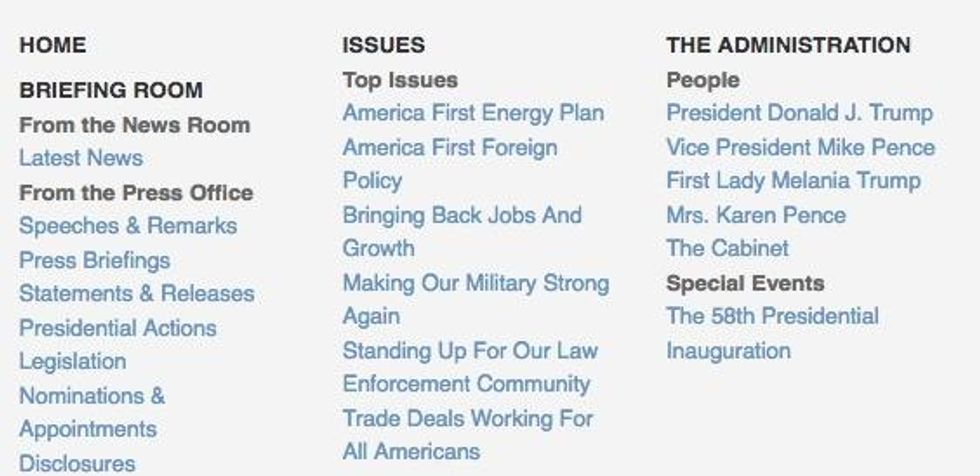 Screenshot from the new Trump administration's White House site