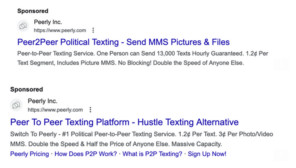 Screenshot of ads selling P2P texting services