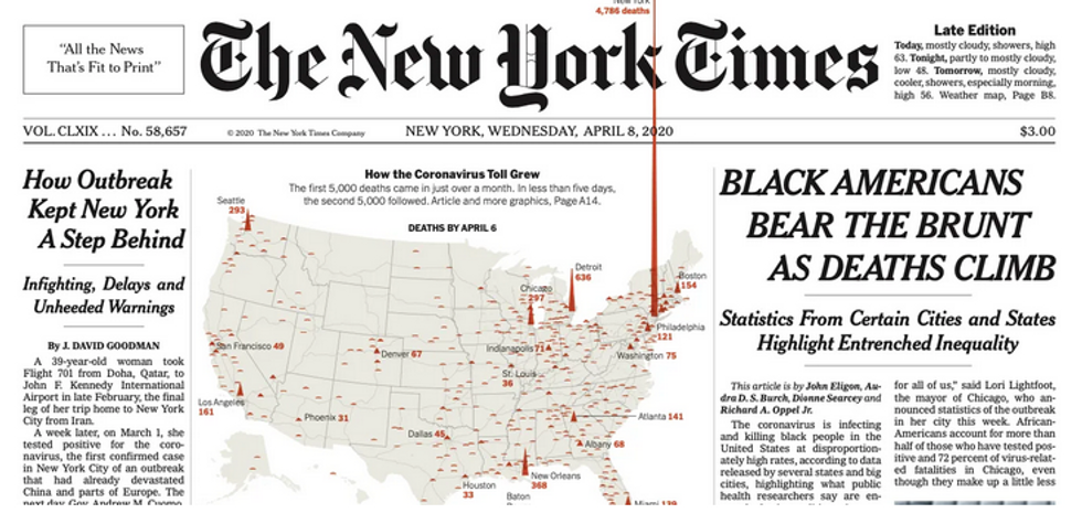 Screenshot of New York Times with headline that reads "Black Americans Bear the Brunt as Deaths Climb"