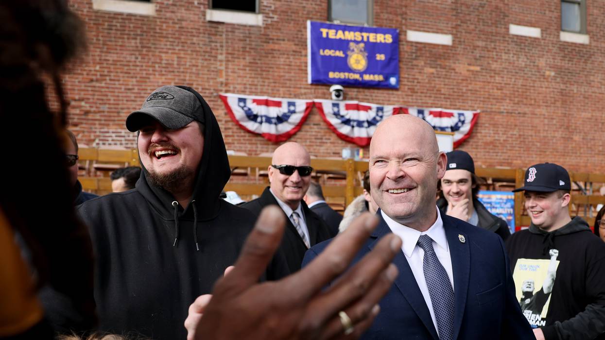 Sean O'Brien, the newly elected national Teamsters president greeted him after a meeting in Charlestown, Massachusetts