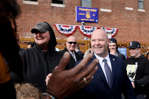 Sean O'Brien, the newly elected national Teamsters president greeted him after a meeting in Charlestown, Massachusetts