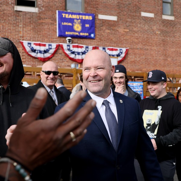 Sean O'Brien, the newly elected national Teamsters president greeted him after a meeting in Charlestown, Massachusetts