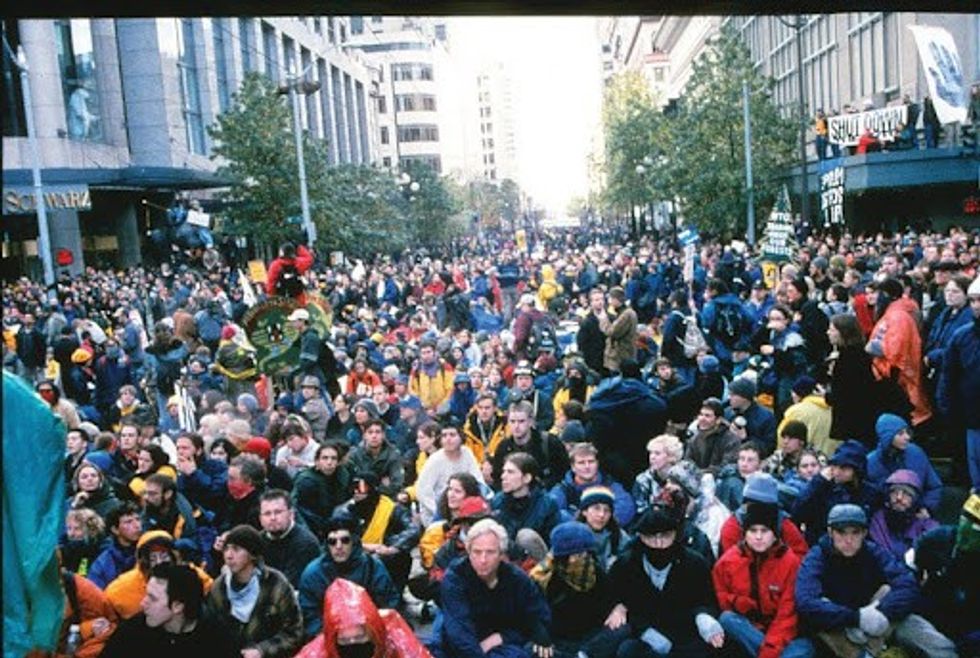 Seattle mass blockades shut down the WTO on November 30, 1999.