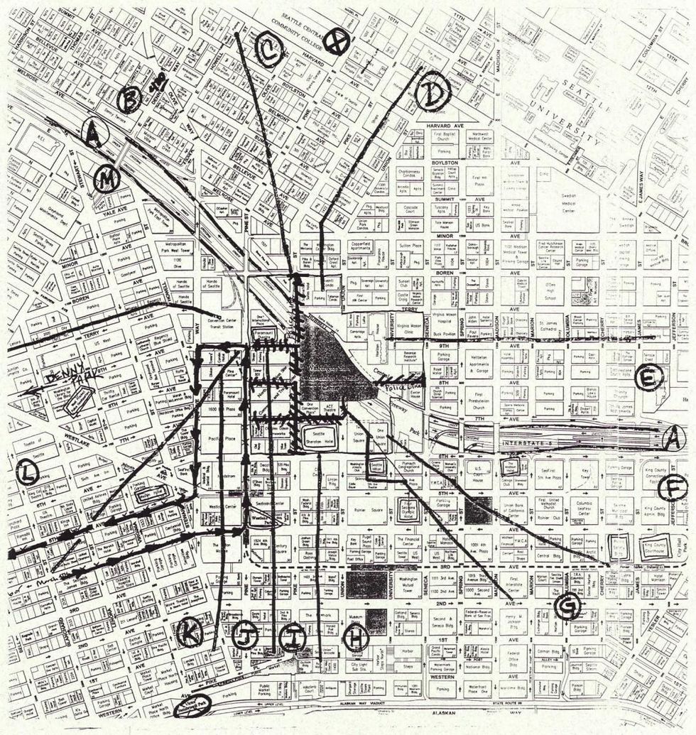 Seattle WTO SHUTDOWN MAP: Original Direct Action Network WTO blockade map dividing downtown Seattle into 13