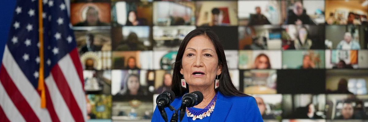 Secretary of the Interior Deb Haaland speaks at a Tribal Nations Summit in the South Court Auditorium of the Eisenhower Executive Office Building, next to the White House, in Washington, D.C. on November 15, 2021.