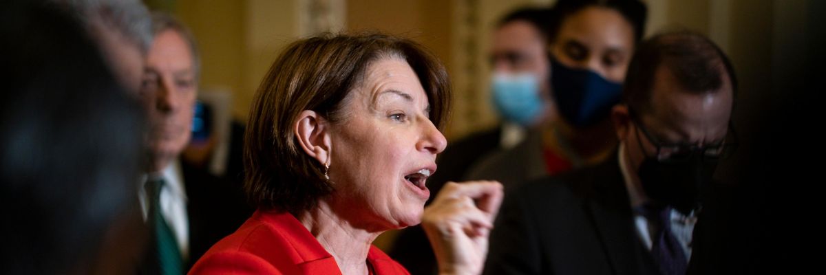 Sen. Amy Klobuchar speaks to the press