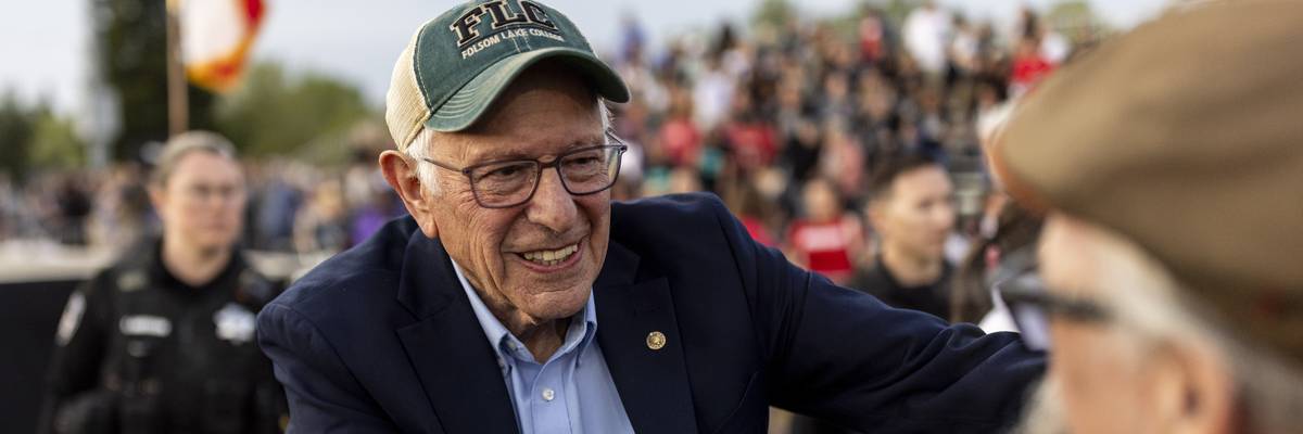 Sen. Bernie Sanders (I-Vt.) greets supporters during a stop of the Fighting Oligarchy tour