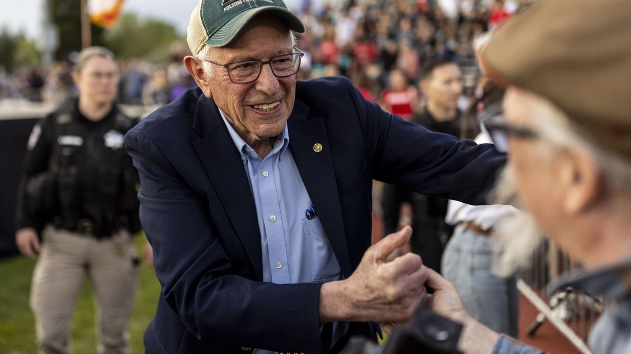 Sen. Bernie Sanders (I-Vt.) greets supporters during a stop of the Fighting Oligarchy tour