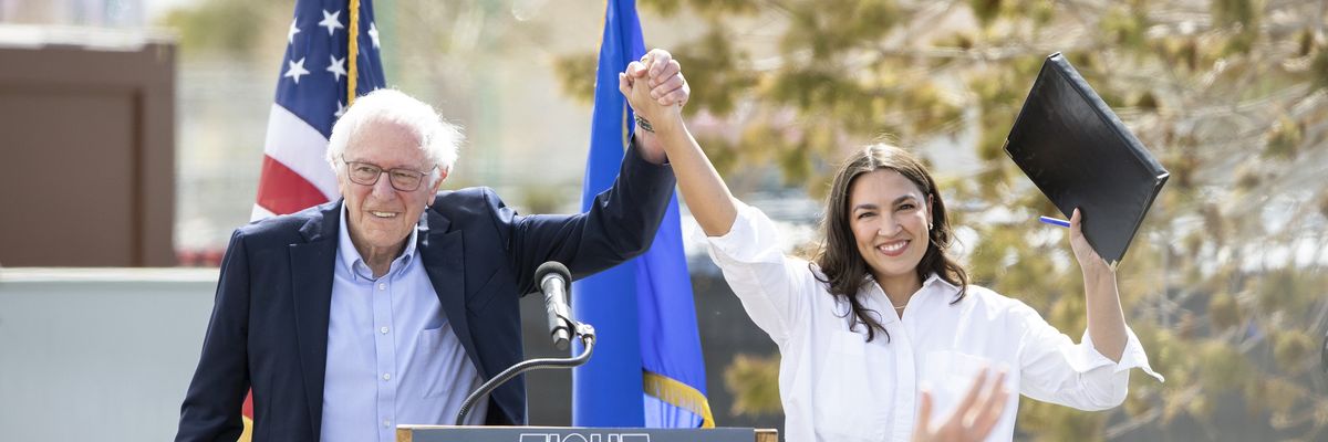 Sen. Bernie Sanders (I-Vt.), left, joins Rep. Alexandria Ocasio-Cortez (D-N.Y.)