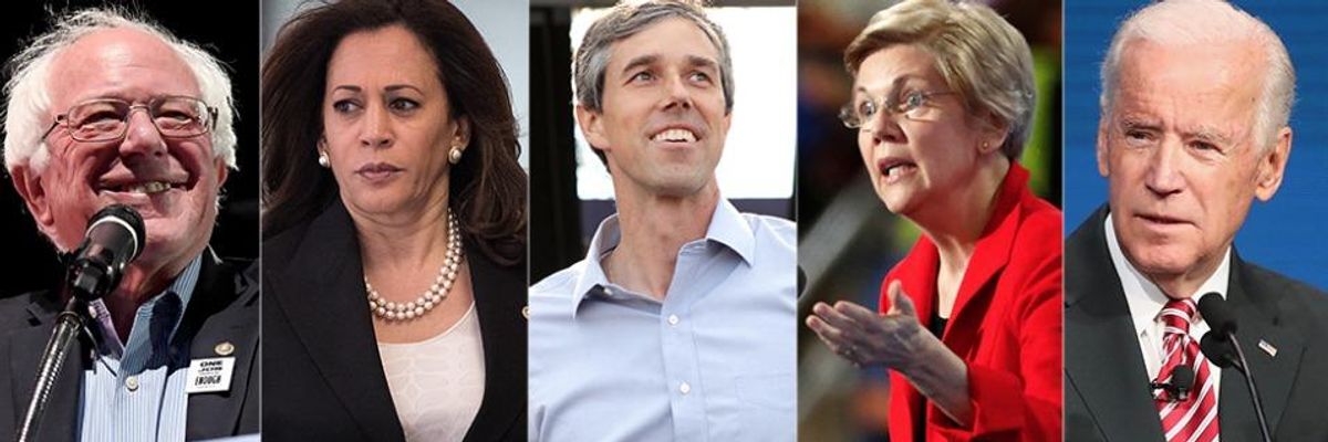 Sen. Bernie Sanders (I-Vt.), Sen. Kamala Harris (D-Calif.), former Rep. Beto O'Rourke (D-Texas), Sen. Elizabeth Warren (D-Mass.), and former vice president Joe Biden.