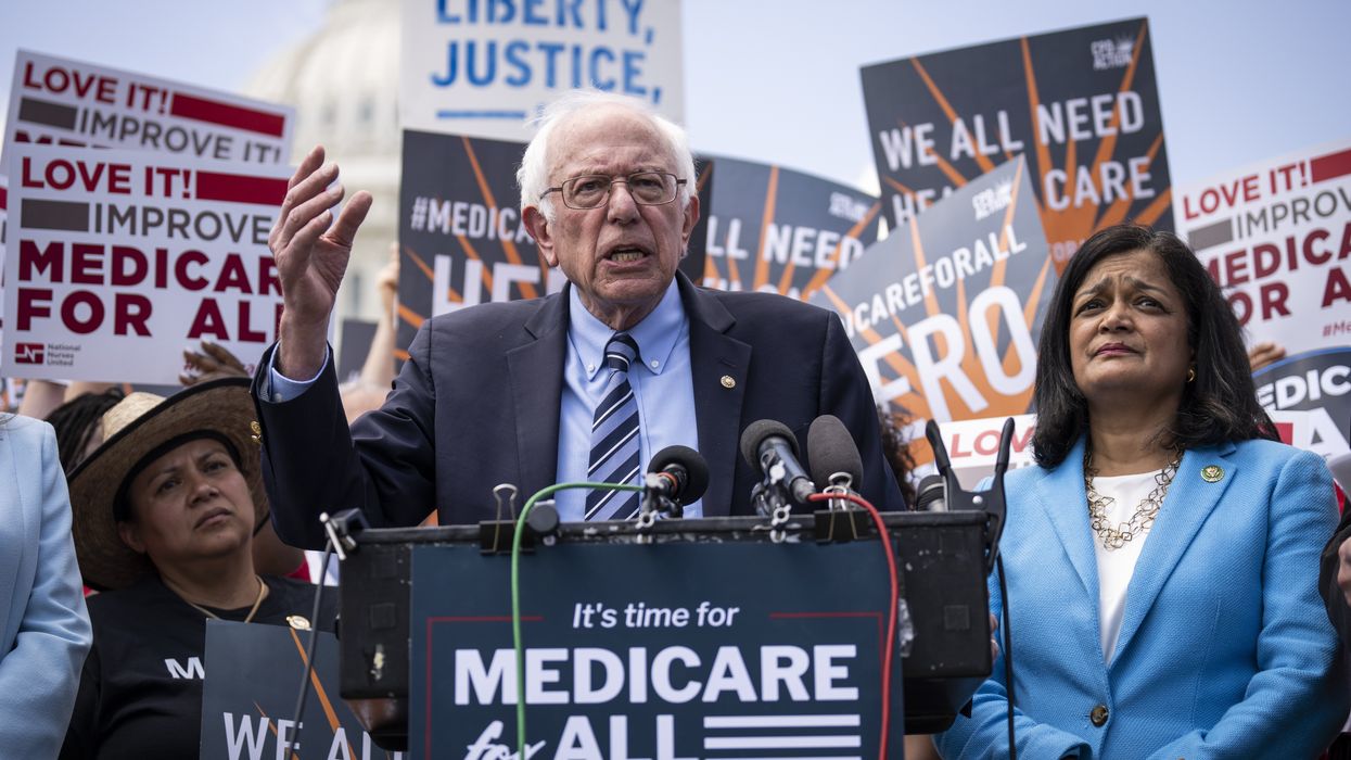 Sen. Bernie Sanders (I-Vt.) speaks alongside Rep. Pramila Jayapal (D-Wash.)