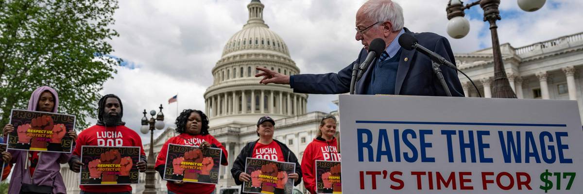 Sen. Bernie Sanders (I-Vt.) speaks during a news conference with labor leaders and service workers