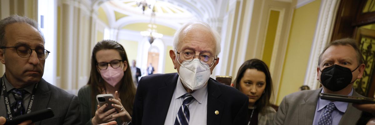 Sen. Bernie Sanders (I-Vt.) talks to reporters in the U.S. Capitol on December 1, 2022 in Washington, D.C.