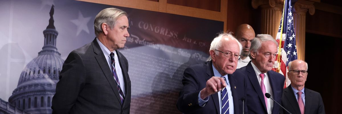 Sen. Bernie Sanders speaks at a press conference on May 18, 2023