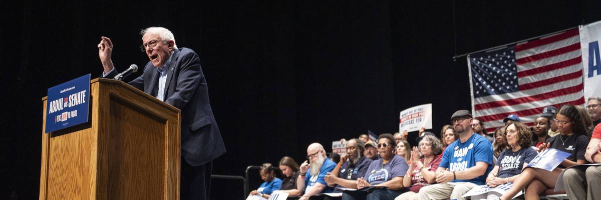 Sen. Bernie Sanders speaks at a rally in Michigan