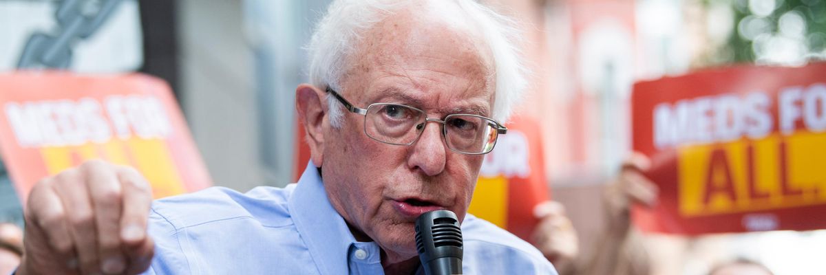 Sen. Bernie Sanders speaks at a rally outside PhRMA headquarters