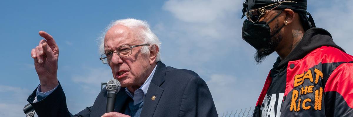 Sen. Bernie Sanders speaks at a rally with Amazon workers and union leaders