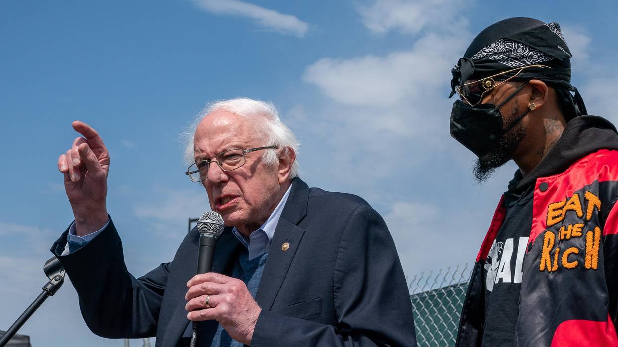 Sen. Bernie Sanders speaks at a rally with Amazon workers and union leaders