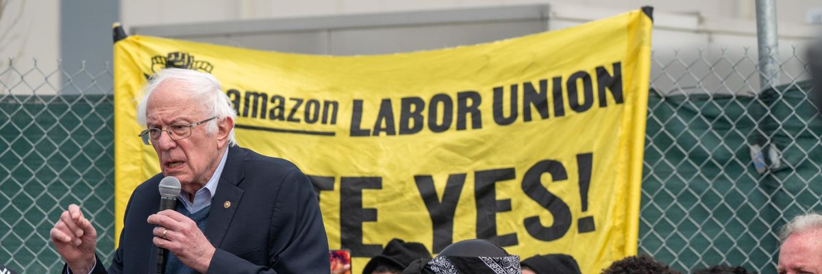 Sen. Bernie Sanders speaks at a rally with Amazon workers