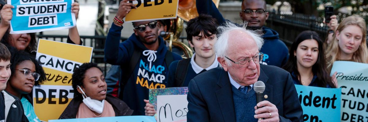 Sen. Bernie Sanders speaks at a student debt cancellation rally