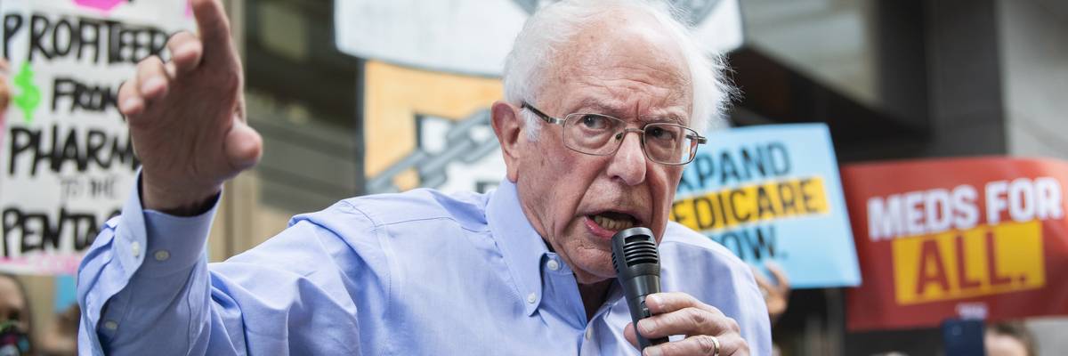 Sen. Bernie Sanders speaks during rally against high drug prices