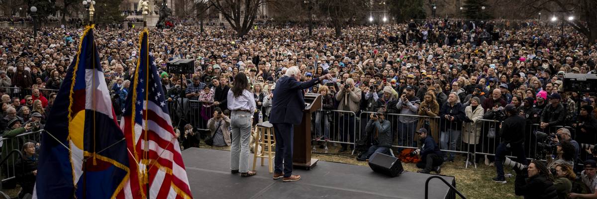 Sen. Bernie Sanders speaks to a crowd of tens of thousands.