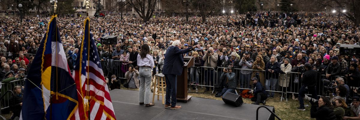 Sen. Bernie Sanders speaks to a crowd of tens of thousands.
