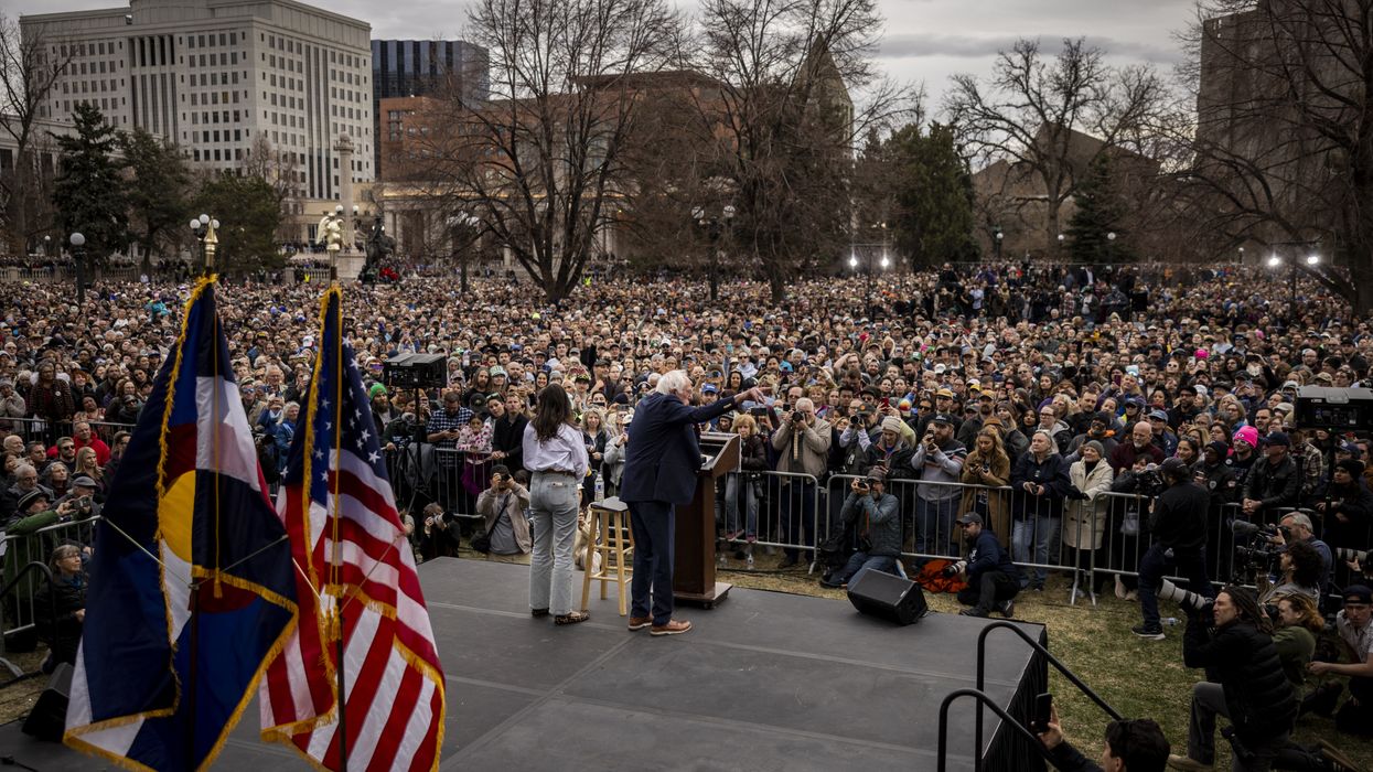 Sen. Bernie Sanders speaks to a crowd of tens of thousands.