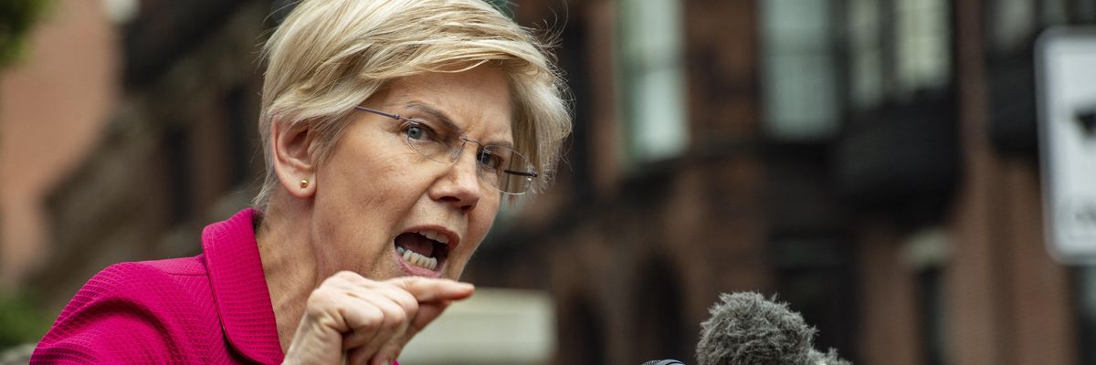 Sen. Elizabeth Warren (D-Mass.) addresses the public during a rally to protest the U.S. Supreme Court's overturning of Roe v. Wade at the Massachusetts State House in Boston on June 24, 2022.