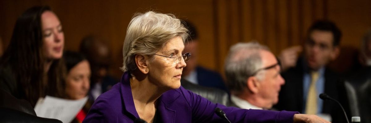 ​Sen. Elizabeth Warren (D-Mass.) attends a Senate Armed Services Committee hearing on April 18, 2023.