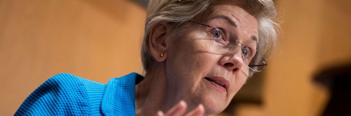 Sen. Elizabeth Warren (D-Mass.) participates in a Senate Finance Committee hearing on Wednesday, April 19, 2023.