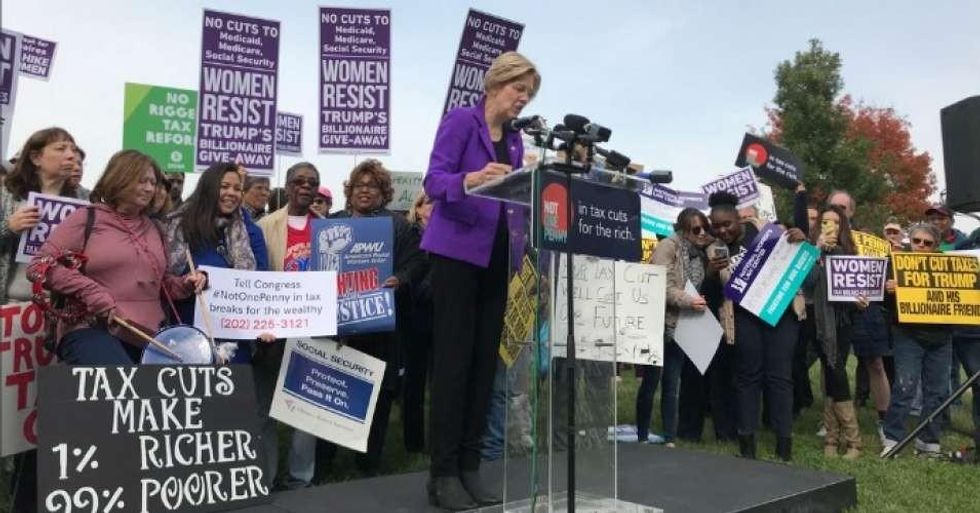 Sen. Elizabeth Warren (D-Mass.) speaking at Wednesday's rally.