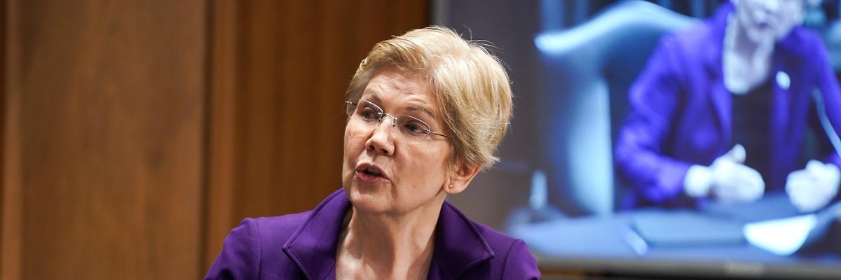 Sen. Elizabeth Warren (D-Mass.) speaks during a Senate Finance Committee hearing on February 23, 2021 in Washington, D.C. 