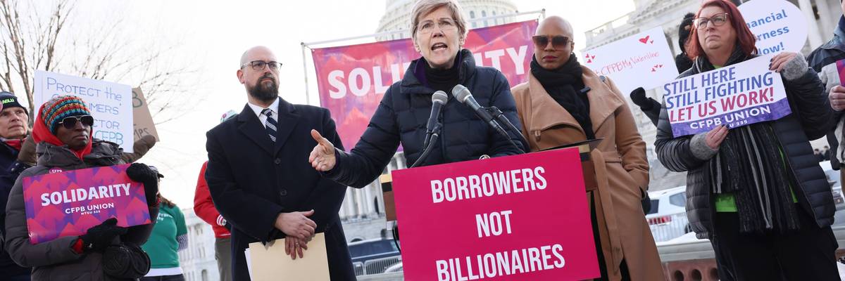 Sen. Elizabeth Warren speaks at a rally in support of the Consumer Financial Protection Bureau
