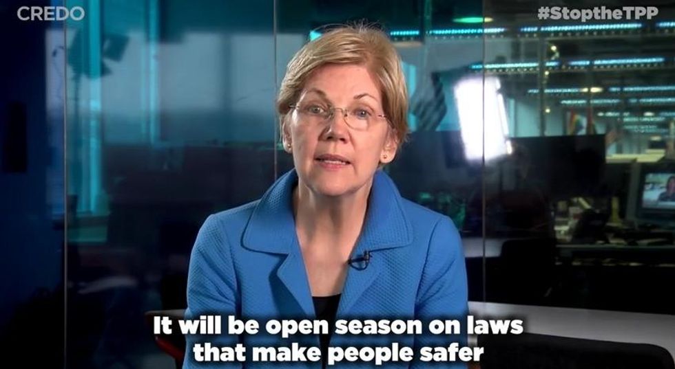 Sen. Elizabeth Warren urging progressive activists to keep pressure on Congress to stop the TPP. (Screenshot/CREDO)