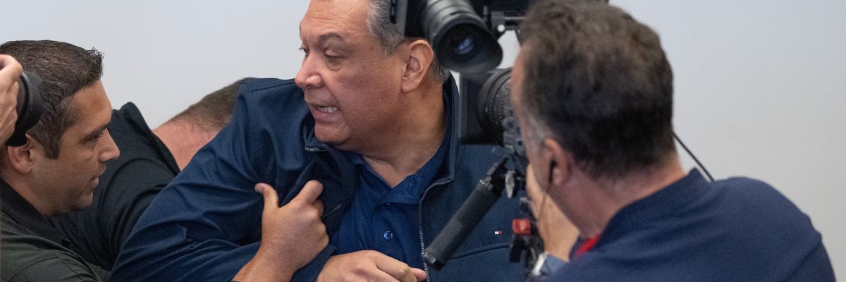 Sen. Padilla is accosted at Noem press conference.