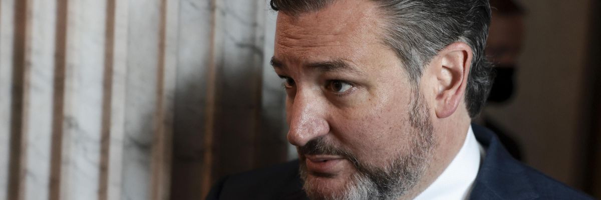 Sen. Ted Cruz (R-Texas) speaks with reporters as he arrives to a luncheon with Senate Republicans at the U.S. Capitol Building on October 7, 2021 in Washington, D.C.